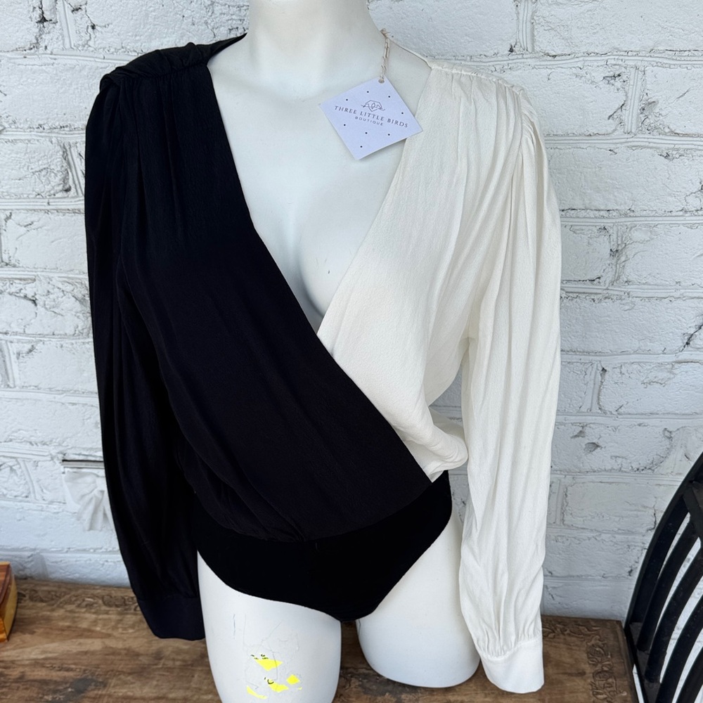 Black & White Wrap Bodysuit - Women's Top